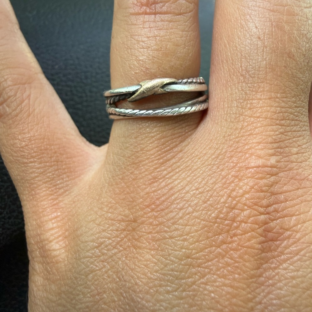DAVID YURMAN CROSS OVER BAND RING Elegant Silver and Gold Twist Ring